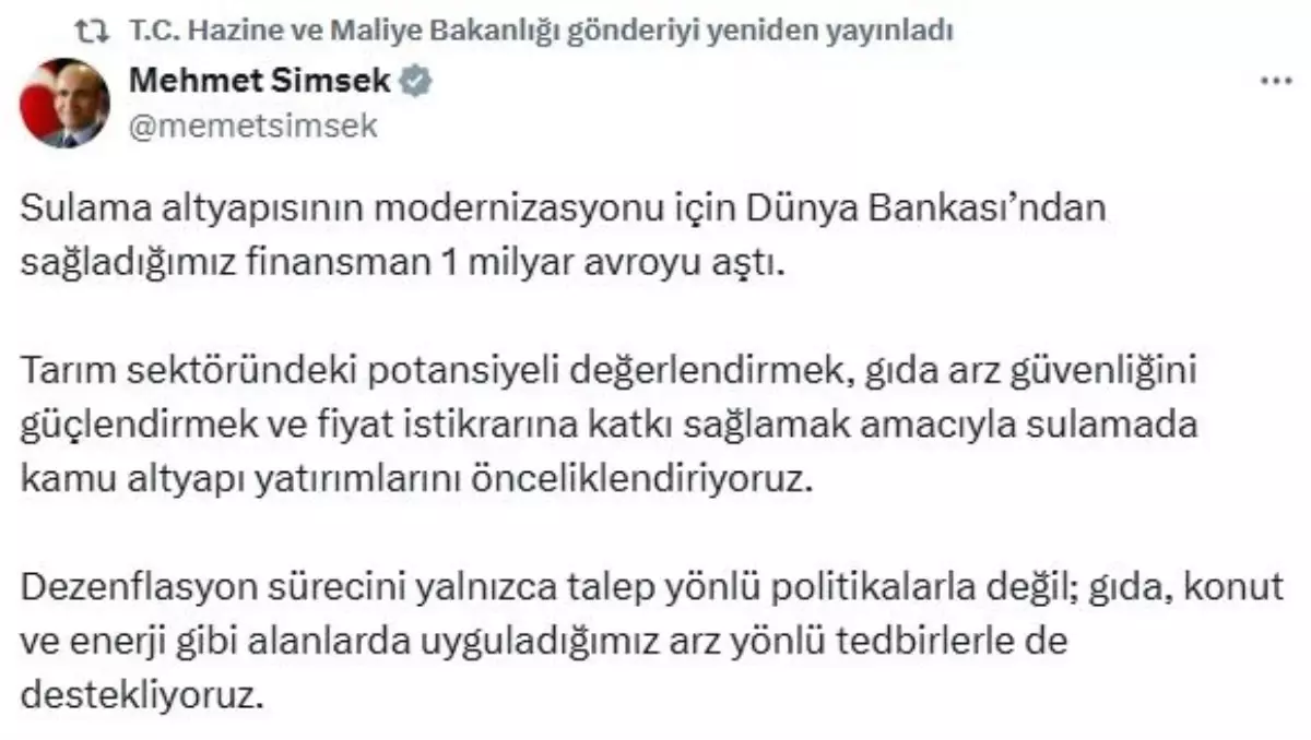 Dünya Bankası'ndan Sulama Altyapısına 1 Milyar Euro Destek